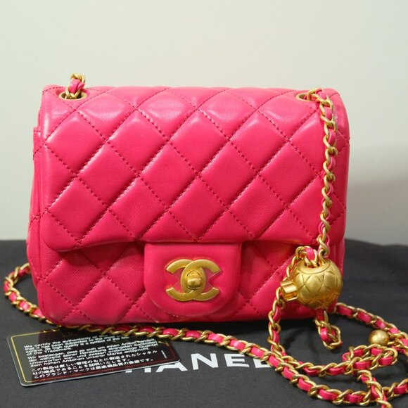 Chanel Quilted Lambskin Mini Square Flap with Pearl Crush Fuchsia Pink NWOT - Picture 1 of 16